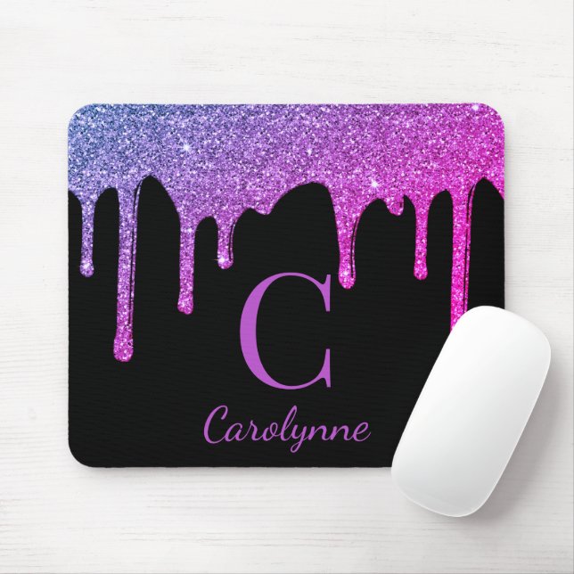 Hot Pink Purple Sparkle Glitter Drips Monogram Mouse Pad (With Mouse)