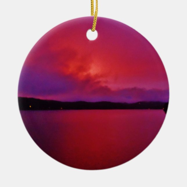 Hot Pink Purple sunset on Lake Arrowhead Ceramic Tree Decoration (Front)