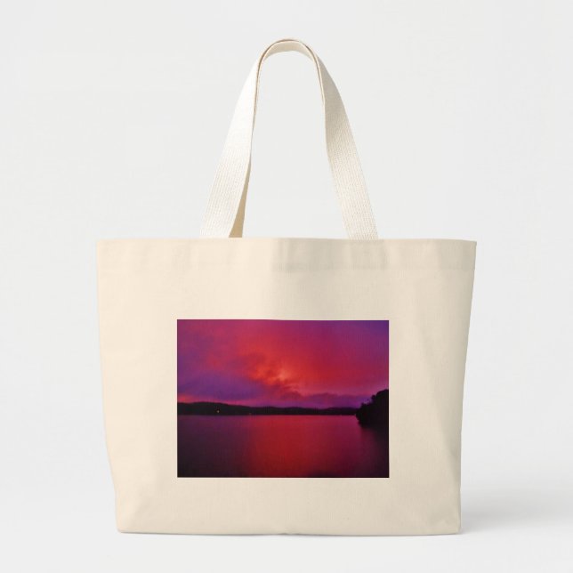Hot Pink Purple sunset on Lake Arrowhead Large Tote Bag (Front)