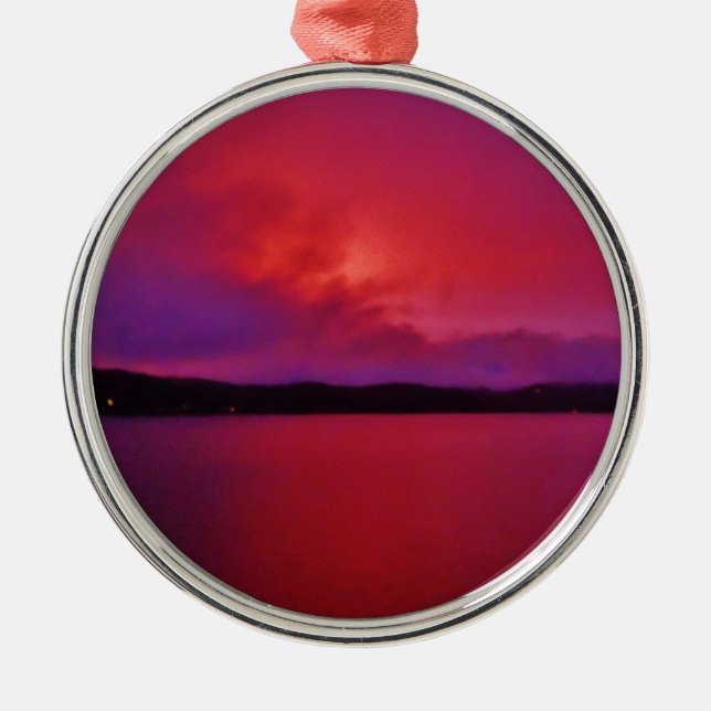 Hot Pink Purple sunset on Lake Arrowhead Metal Ornament (Front)