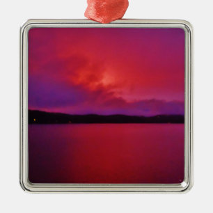 Hot Pink Purple sunset on Lake Arrowhead Metal Tree Decoration