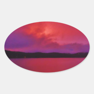 Hot Pink Purple sunset on Lake Arrowhead Oval Sticker