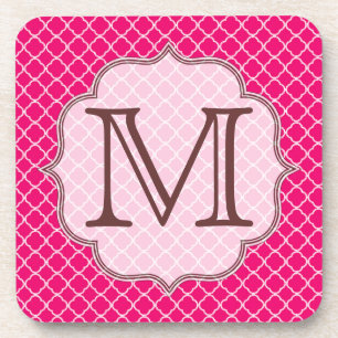 Hot Pink Quarterfoil Latti Monogram Drink Coaster