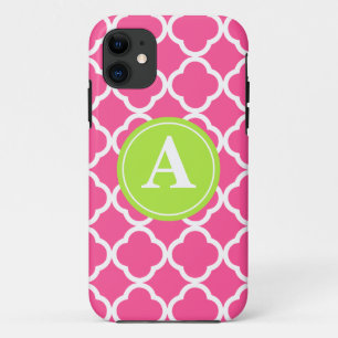 Hot Pink Quatrefoil Lime Monogram iPhone 11 Case
