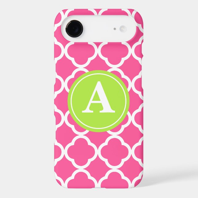 Hot Pink Quatrefoil Lime Monogram Case-Mate iPhone Case (Back)