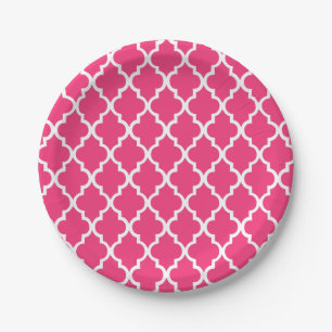 Hot Pink Quatrefoil Tiles Pattern Paper Plate
