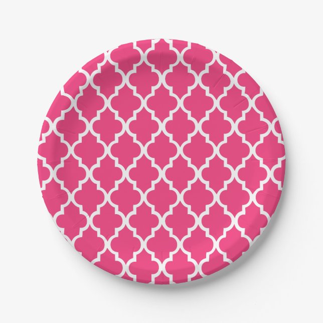 Hot Pink Quatrefoil Tiles Pattern Paper Plate (Front)
