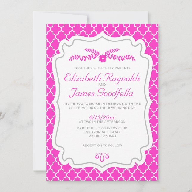Hot Pink Quatrefoil Wedding Invitations (Front)