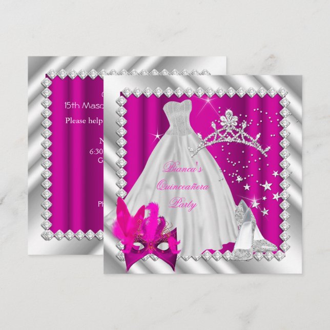 Hot Pink Quinceanera 15th Masquerade Party Invitation (Front/Back)