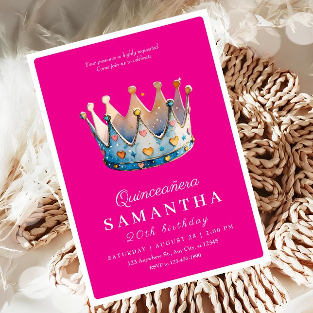 Hot Pink Quinceanera Crown Birthday Invitation (Creator Uploaded)