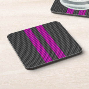 Hot Pink Racing Stripes in Carbon Fibre Style Coaster