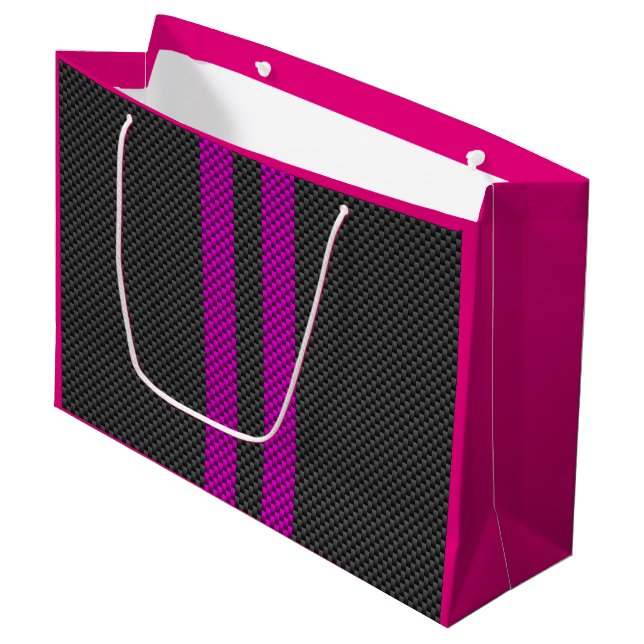 Hot Pink Racing Stripes in Carbon Fibre Style Large Gift Bag (Front Angled)