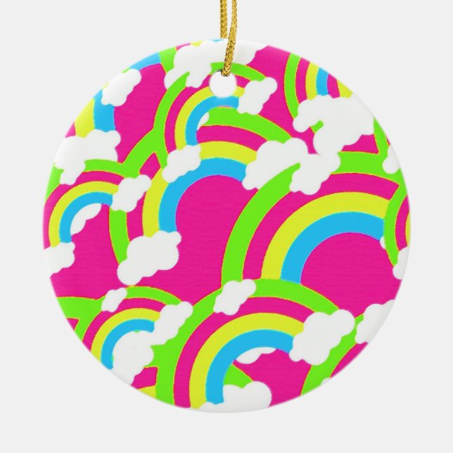 Hot Pink Rainbow Pattern Ceramic Ornament (Front)