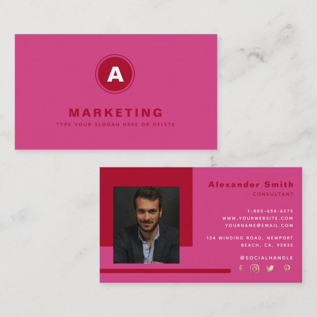 Hot Pink Red Business Marketing Professional Photo Card (Front/Back)