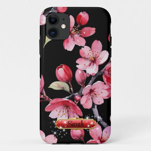 Hot Pink Red Cherry Blossoms Black Background Case-Mate iPhone Case (Back)