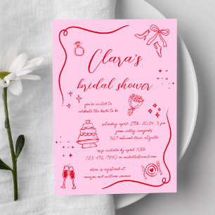 Hot Pink Red Hand drawn Fun Doodle Bridal Shower Invitation