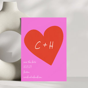 Hot Pink Red Heart Bold Initials Wedding Announce Save The Date