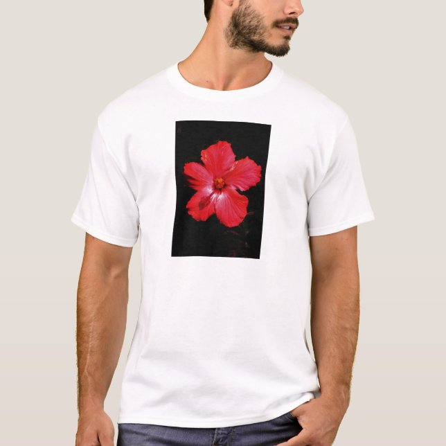 Hot Pink Red Hibiscus flower on Black T-Shirt (Front)