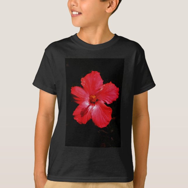 Hot Pink Red Hibiscus flower on Black T-Shirt (Front)