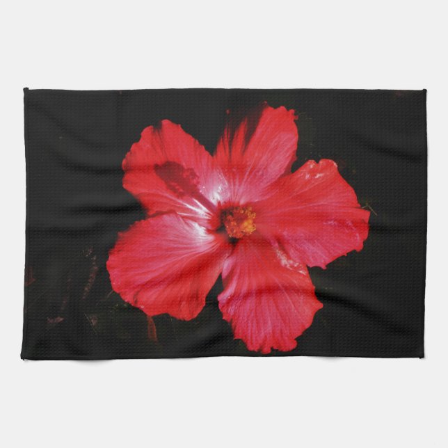 Hot Pink Red Hibiscus flower on Black Tea Towel (Horizontal)