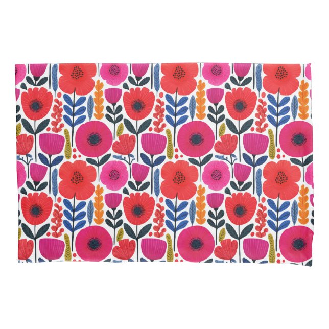 Hot Pink& Red Spring Flowers Watercolor Floral Pillowcase (Front)