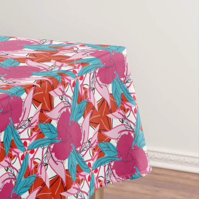 Hot Pink Red Turquoise Floral Print Pattern Tablecloth (In Situ)