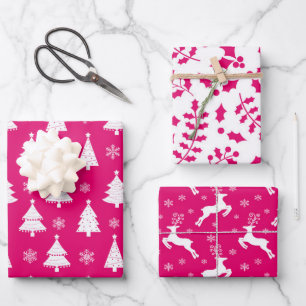 Hot Pink Reindeer, Christmas Trees and Holly Wrapping Paper Sheet