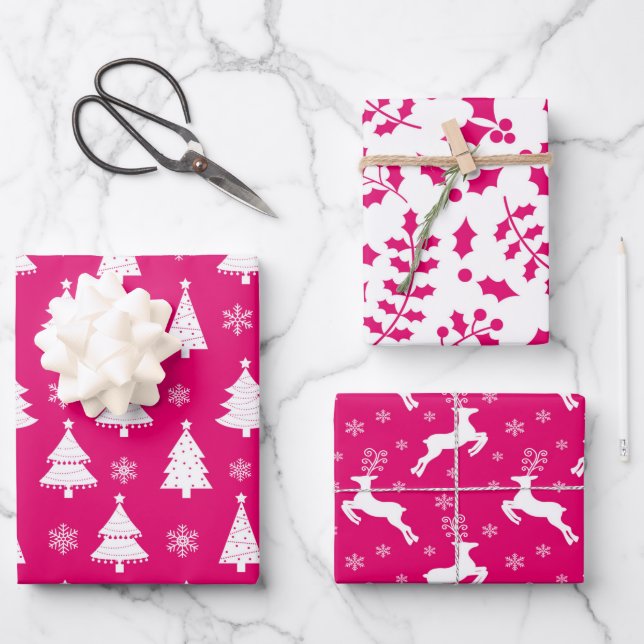 Hot Pink Reindeer, Christmas Trees and Holly Wrapping Paper Sheet (Front)