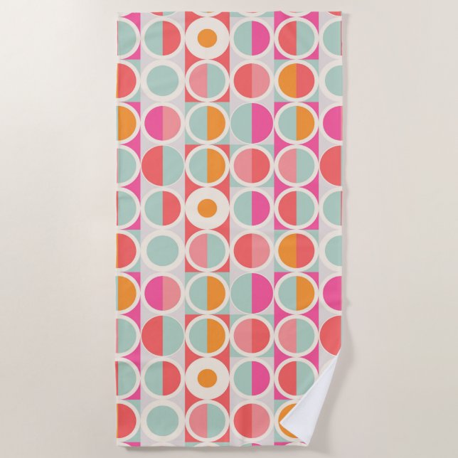 Hot Pink Retro Circle Pattern Beach Towel (Front)