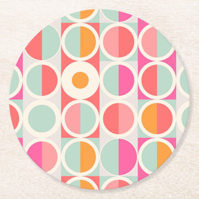 Hot Pink Retro Circle Pattern Round Paper Coaster (Front)