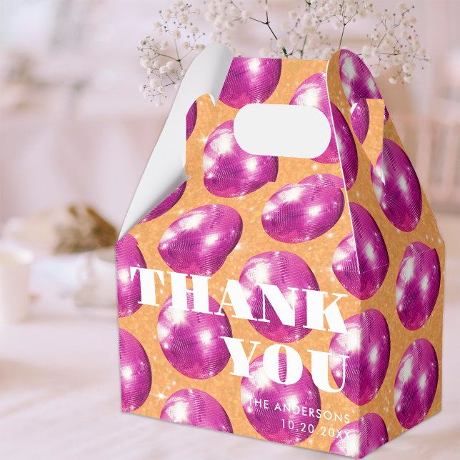 Hot Pink Retro Disco Balls Wedding Thank You Favour Box (Front)