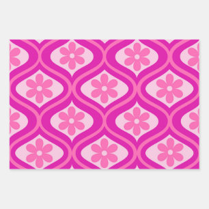 Hot Pink Retro Flowers on Mid Century Ogee Pattern Wrapping Paper Sheet