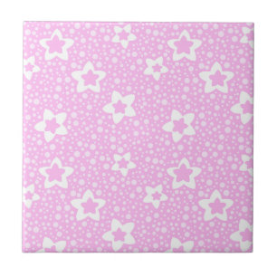 Hot pink retro polka dots with floral pattern ceramic tile