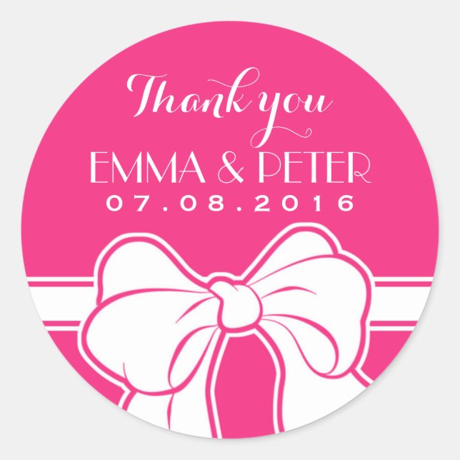 Hot Pink Ribbon Bow Wedding Thank You Sticker (Front)