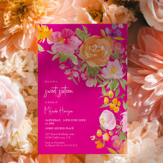 Hot Pink romantic summer floral sweet 16 Invitation