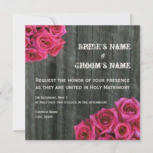 Hot Pink Rose and Barnwood Wedding Invitation