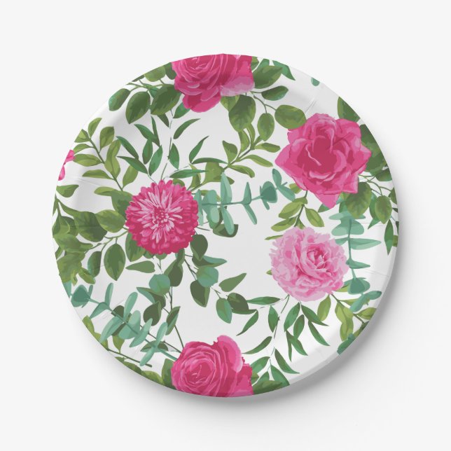 Hot Pink Rose Beautiful Wedding Paper Plate (Front)