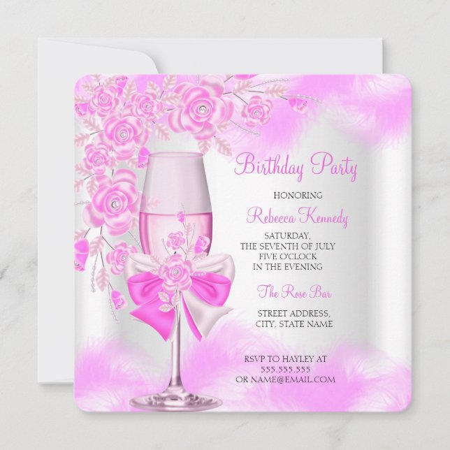 Hot Pink Rose Champagne White Floral Party Invitation (Front)