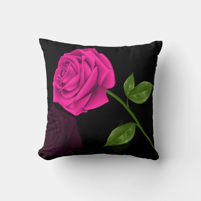 Hot Pink Rose Flower On Black Background Cushion (Front)