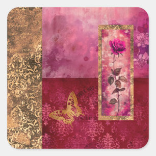 Hot pink rose grunge style floral square sticker