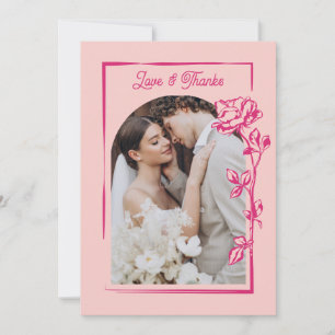 Hot Pink Rose Illustration Photo Wedding Thank You Card