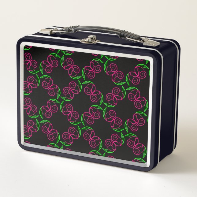 Hot Pink Rose Pattern Metal Lunch Box (Front)