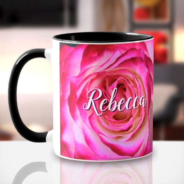 Hot pink rose photo custom name script bold modern mug (Creator Uploaded)