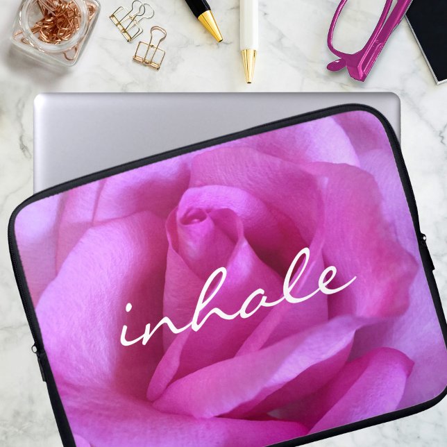 Hot Pink Rose Photo Inhale Quote Modern Simple  Laptop Sleeve (Creator Uploaded)