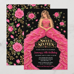 Hot Pink Rose Sweet Sixteen Birthday Invitation