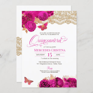 Hot Pink Roses and Lace Butterfly Quinceañera Invi Invitation