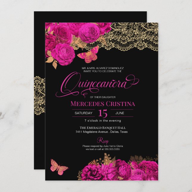 Hot Pink Roses and Lace Butterfly Quinceañera Invitation (Front/Back)