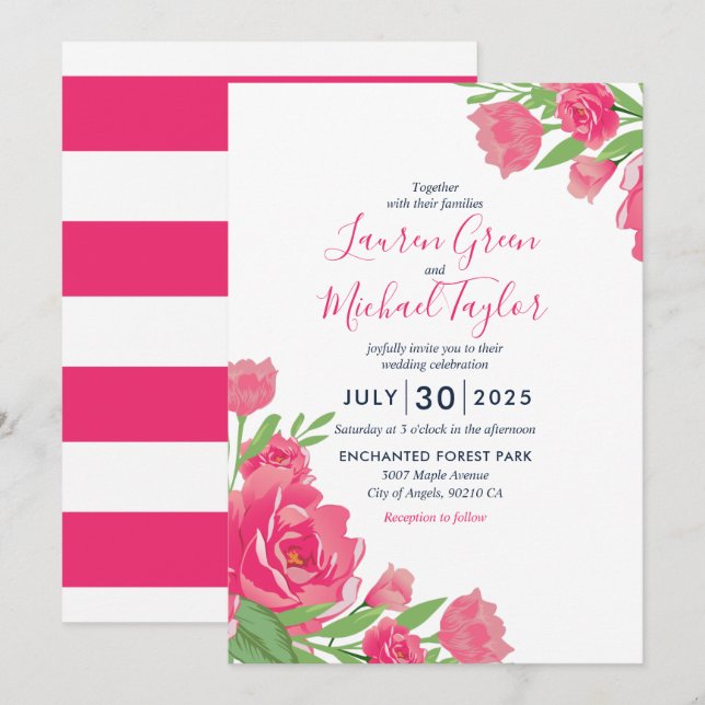 Hot Pink Roses Flower Bouquet Floral Wedding Invitation (Front/Back)