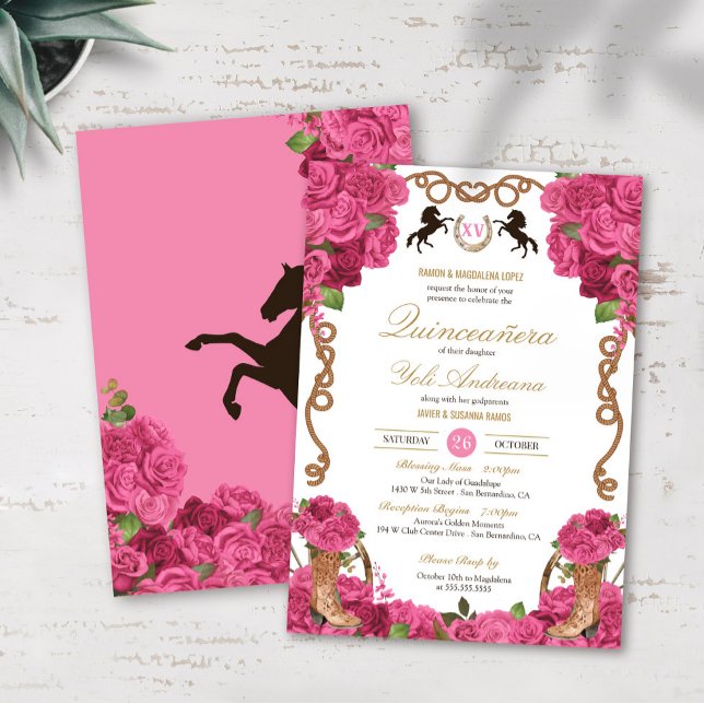 Hot Pink Roses Western Charro Quinceanera Invitation (Creator Uploaded)