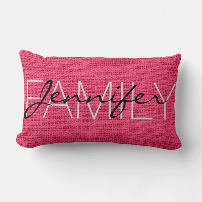 Hot Pink Rustic Burlap Monogram Lumbar Cushion (Front)
